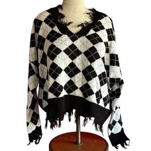 Womens Sweater Size Large Black White Plaid Indie Bohemian Cosplay Statement